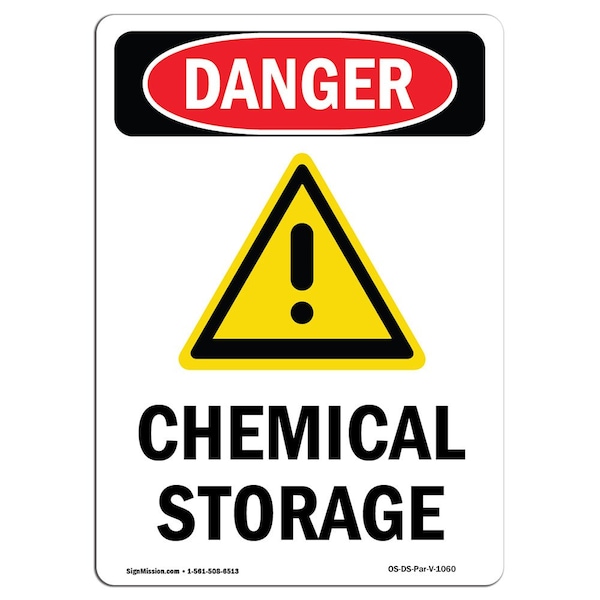 Safety Sign, OSHA Danger, 5" Height, Chemical Storage, Portrait, DS-D-35-V-1060-10PK